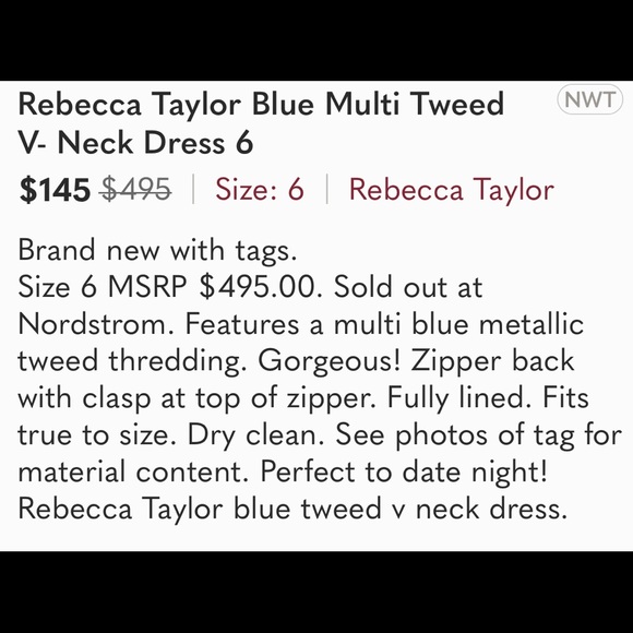 NWT!!! Rebecca Taylor Blue Multi Tweed V Neck Dress - Picture 6 of 6